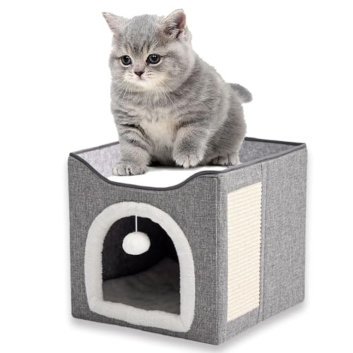 Pxyobto Katzenhaus für Indoor-Katzen – Große Katzenhöhle für Haustiere, Katzenhaus mit flauschigem Ball zum Aufhängen und Kratzkissen, faltbares Katzenversteck, 38,9 x 38,9 x 37,8 cm, Dunkelgrau von PXYOBTO