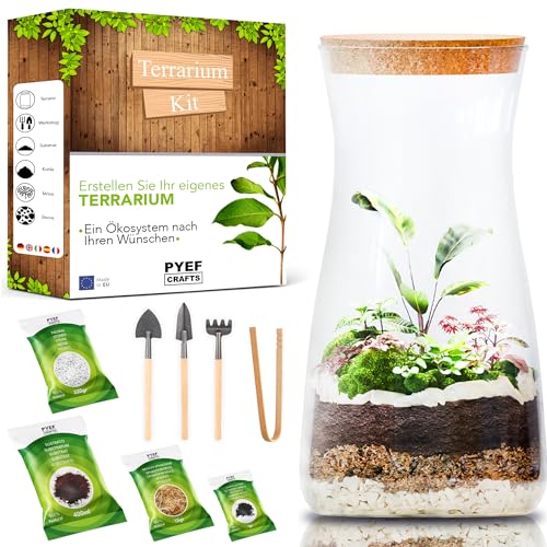 Flaschengarten Komplettset zum Schaffen EIN Ökosystem im Glas - Terrarium Starter Kit zum Anlegen EIN Biotop im Glas - Terrarium mit Garten Werkzeug, Moos, Erde, Steinen (Kit mit Flasche) von PYEF CRAFTS