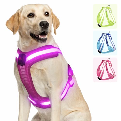 PZRLit Light Up Dog Harness - LED Dog Harness Rechargeable, No Choke Illuminated Glow Dark Harness Vest Waterproof for Medium Large XL Dogs for Camping Night Safety Walking-Pink, X Large von PZRLit