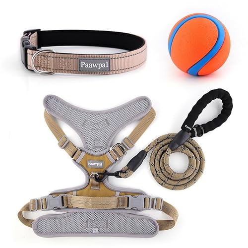 Paawpal Verstellbares Hundegeschirr, kein Ziehen, reflektierend, weich gepolstert für kleine, mittelgroße und große Hunde, inklusive Leine und Halsband, Beige, XL von Paawpal