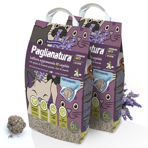 Paglianatura Set mit 2 Stück, Katzenstreu, Lavendel, klumpend, 2,4 kg / 6 l – frischer Lavendelduft, hohe Saugfähigkeit, umweltfreundlich und leicht zu reinigen von Paglianatura