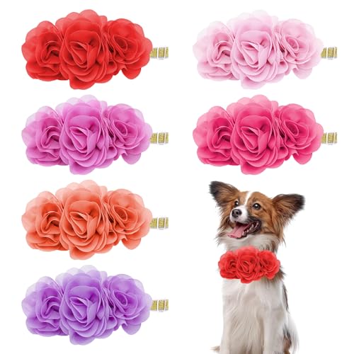 Pai Sence Hundehalsband, Blumenschleifen für kleine Hunde, Katzen, 3D-Blumen, verstellbares Gummiband mit drei rosa Blumen, Hundewelpen, Mädchen, 6 Stück von Pai Sence