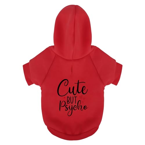 Verspielter Hunde-Kapuzenpullover aus Polycotton: weiche, leichte Welpenweste für kleine und große Hunde, zeigt den ausdrucksstarken "Cute but Psycho"-Aufdruck, Rot, Größe XL von Paiaite