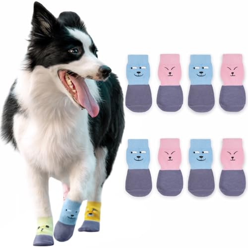 Paipeper 4 Paar rutschfeste Hundesocken, verhindert Lecken, Pfotenschutz, Traktionskontrolle für den Innenbereich, für kleine und mittelgroße Hunde (Rosa + Blau, XS) von Paipeper