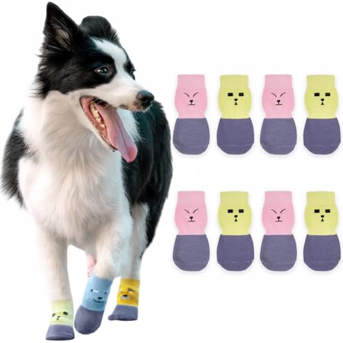 Paipeper 4 Paar rutschfeste Hundesocken, verhindert Lecken, Pfotenschutz, Traktionskontrolle für den Innenbereich, für kleine und mittelgroße Hunde (Rosa + Grün, XXL) von Paipeper