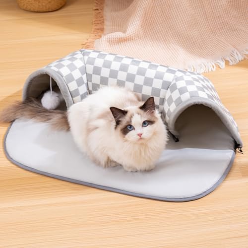 Pamatio Katzentunnel Katzen Bett Plaid Plüsch Katzen Spieltunnel, 2 in 1 Katzen Bett Cat Tunnel mit mit Weißem Plüschball, Spielteppich Geschenk für Katzen Hasen (76 * 53 * 17CM) von Pamatio