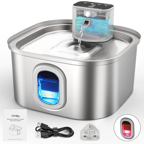 Papettly Kabelloser Katzenwasserbrunnen zum Trinken - 4000 mAh batteriebetriebener Katzenwasserbrunnen, 3,2 l Edelstahl Katzenbrunnen mit Bewegungssensor, Dual-Filtrationssystem, 2 Wasserbrunnenfilter von Papettly