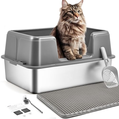 Papettly Katzentoilette Edelstahl XXL, Litter Box Katzenklo, 36L Große Halbgeschlossen Katzenklo Edelstahl, Katzenklo hoher Abnehmbarer Rand,Katzenklo mit Katzenstreumatte,Leichte Reinigung,60x40x31CM von Papettly