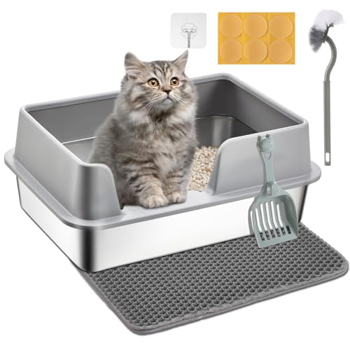 Papettly Katzentoilette Edelstahl, Litter Box Katzenklo, Halbgeschlossen Katzenklo Edelstahl, Katzenklo hoher Abnehmbarer Rand, Katzentoilette mit Katzenstreumatte, Einfache Reinigen, 50x35x20CM von Papettly