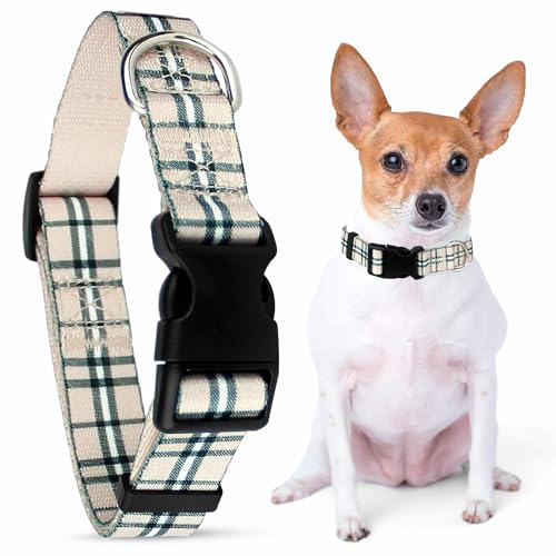 Parisian Pet Adjustable Nylon Dog Collar | Scottish Khaki Plaid Dog Collar | Size - M von Parisian Pet