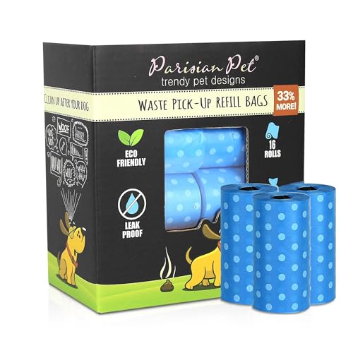 Parisian Pet Dog Poop Bags for Dogs – Refills Rolls of Doggie Bags for Poop – Unscented Dog Poop Bag – Eco-Friendly Pickup Pet Waste Bags, 16 Rolls, Blue Polk Dot von Parisian Pet