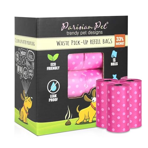 Parisian Pet Dog Poop Bags for Dogs – Refills Rolls of Doggie Bags for Poop – Unscented Dog Poop Bag – Eco-Friendly Pickup Pet Waste Bags, 16 Rolls, Pink Polka Dot von Parisian Pet