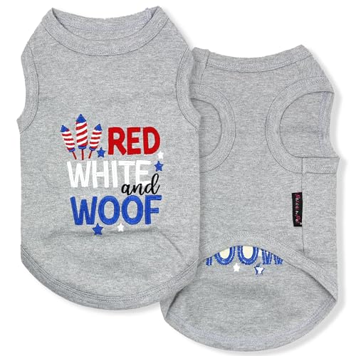 Parisian Pet Hunde-T-Shirt zum 4. Juli – bestickt in Rot, Weiß und Woof aus 100 % Baumwolle, atmungsaktives Hunde-T-Shirt, grau, ärmellos, für mittelgroße Hunde, Größe M von Parisian Pet