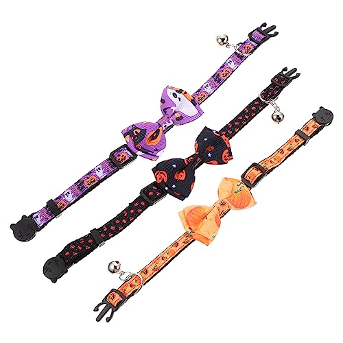 Parliky 3St Haustierhalsband Welpen verstellbare Kätzchenhalsbänder Kürbiskragen Halloween Dekoration Halloween-Dekoration Katzenhalsband mit Fliege Katzenglockendekor Polyester von Parliky