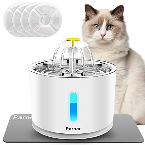 Parner Katzenbrunnen, Trinkbrunnen Wasserspender für Katzen mit Wasserstand Fenster, 2.4L Cat Water Fountain Rostfreier mit 4 Stück Hygienefilter & 1 Silikonmatte für Haustiere (WF01) von Parner