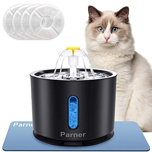 Parner Katzen Wasserbrunnen, 2,296.3 g/2.4L Automatischer Edelstahl Haustier Wasser Trinkbrunnen für Katzen Hunde Wasserspender mit Intelligenter Pumpe und LED-Anzeige für Wassermangelwarnung, von Parner