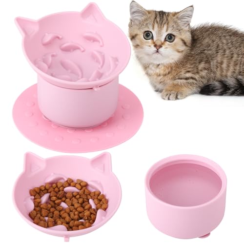 Partideal Anti Schling Napf Katze Erhöht,katzennapf erhöht Antischlingnapf Katze, Slow Feeder Katze Nassfutter, Rosa Katzen Napf Mit Anti Rutsch Matte für Katzen und Kleine Hund von Partideal