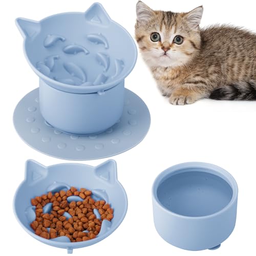 Partideal Anti Schling Napf Katze Erhöht,katzennapf erhöht Antischlingnapf Katze, Slow Feeder Katze Nassfutter,Blau Katzen Napf Mit Anti Rutsch Matte für Katzen und Kleine Hund von Partideal