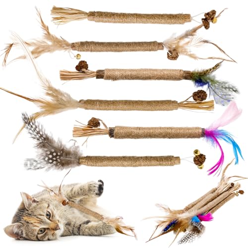 Partideal Katzenminze Sticks, 6 Stück Katzenminze Spielzeug katzenminze Stick mit Federn Katzen Zahnpflege Spielzeug Dental Kau-Sticks Kausticks für Katzen von Partideal