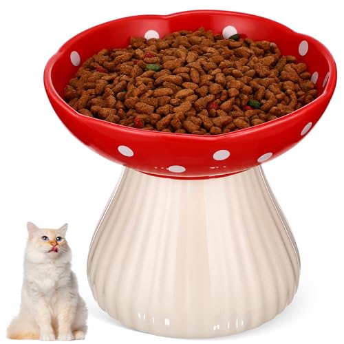 Katzennäpfe aus erhöhter Keramik, niedliche Pilzschalen für Futter und Wasser, Schnurrhaare und Nackenfreundlich für Katzen, 15,2 cm breit, geneigt, flache Schale für flache Katze, Rot, 1 Stück von PartyKindom