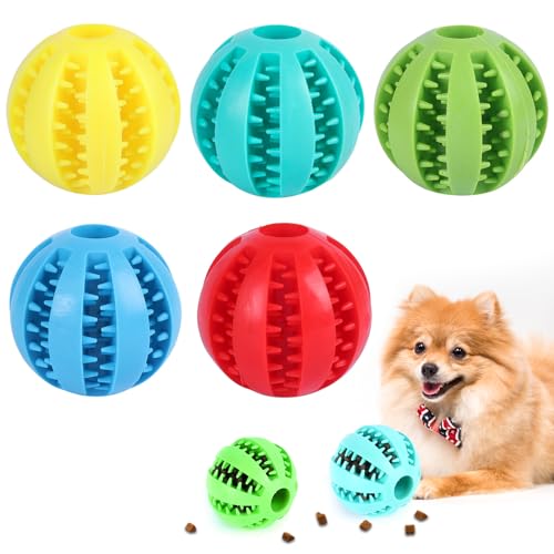 Pasdrucn 5 Stück Hundeball mit Zahnpflegeb, Snackball Futterball Hund Ø 5cm, Kauen Leckerli Ball für Hunde, Naturkautschuk Hundeball für Welpen, kleine Hunde, Langeweile, Zahnreinigung von Pasdrucn