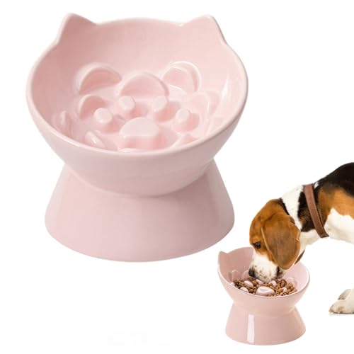 Pasdrucn Anti Schling Napf Katzen Keramik, Katzennapf Keramik Futternapf Katze, Anti Schling Napf Hund, Slow Feeder Katze Nassfutter, Fressnapf Katze Katzennapf Erhöht Mit Napf Ständer Holz (Rosa) von Pasdrucn