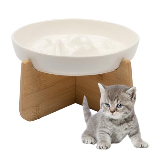 Pasdrucn Anti Schling Napf Katzen Keramik Mit Holzsockel, Katzennapf Keramik Futternapf Katze, Slow Feeder Katze Nassfutter, Fressnapf Katze Katzennapf Erhöht Mit Napf Ständer Holz (Weiß) von Pasdrucn