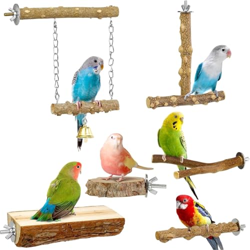 Vogelbarsche, 6pcs natürliche hölzerne Vögel Stand Zweig, Vogelbarsch Kaustock Käfig Zubehör Papagei Klettern stehende Zweige Pfote Schleifgabel Sets für Sittich Lovebirds Cockatils (A) von Pasdrucn