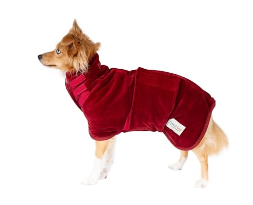 Pash Dog Hundebademantel aus 100% Bio-Baumwolle für Kleine Mittelgroße Große Hunde, Verstellbar mit Klettverschluss, Saugfähig und Schnelltrocknend, 600 Gr/m2 Double Layer Frottee (L, Rot) von Pash