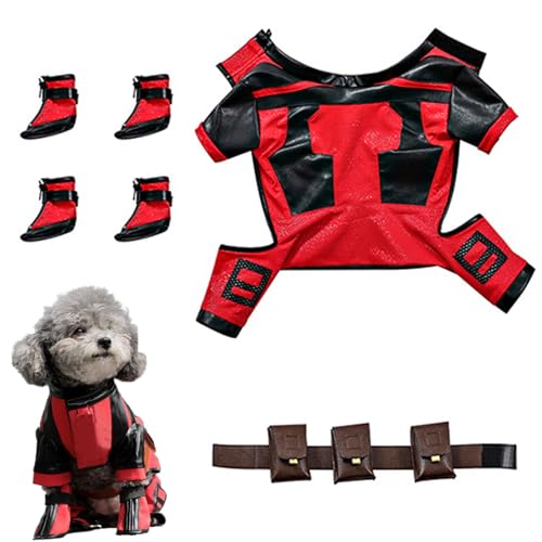 Pastoralist Dogpool-Kostüm für Hunde, lustige Hunde Halloween Kostüme mit Kleidung, Stiefel & Gürtel, Hund Superhelden Kostüm für kleine Welpenhunde Cosplay (S, 4,5-5 kg) von Pastoralist