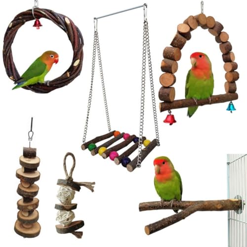 6Pcs Vogel Spielzeug Set Für Papagei, Natürliche Hölzerne Vogelschaukel, Stehende Sitzstange, Ring Swing & Kauspielzeug, Haustier Aktivität Struktur Für Indoor, Outdoor, Klettern, Unterhaltung von PatPatPet