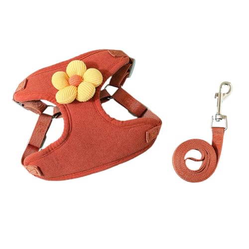 PatPatPet Einfarbiges Set Aus Hundegeschirr Und Leine Mit Blumenanhänger, Sicherheitsgurt Für Hunde Und Katzen Für Das Auto, Verstellbares Autogeschirr Für Hunde Und Katzen (Rot,XL) von PatPatPet