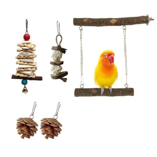 PatPatPet 5pcs Holz Vögel Spielplatz Schaukel Kauspielzeug, Naturholz Vogelkäfig Hängendes Spielzeug für kleine Vogel Conure Nymphensittich Papagei Lovebird Wellensittich von PatPatPet