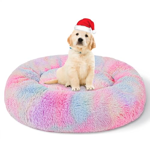 Patas Lague Gradient Coloful Donut Round Calming Small Dog Cat Bed 61 x 61 cm, Faux Fur Plush Pet Bed, Washable Cat Beds for Indoor Cats Clearance Flffy Donut Cuddler (Pink Rainbow) von Patas Lague