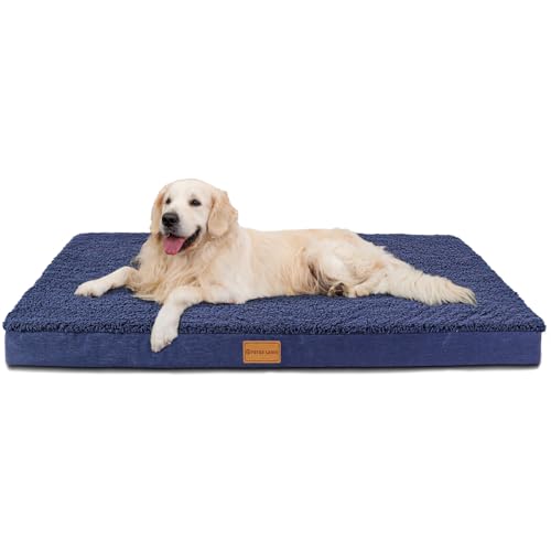 Patas Lague Orthopädisches XL-Hundebett für große Hunde, 106,7 x 71,1 cm, Eierkisten-Schaumstoff, große Hundebetten mit abnehmbarem, waschbarem Bezug, wasserdichte Haustierbett-Matte, Marineblau von Patas Lague