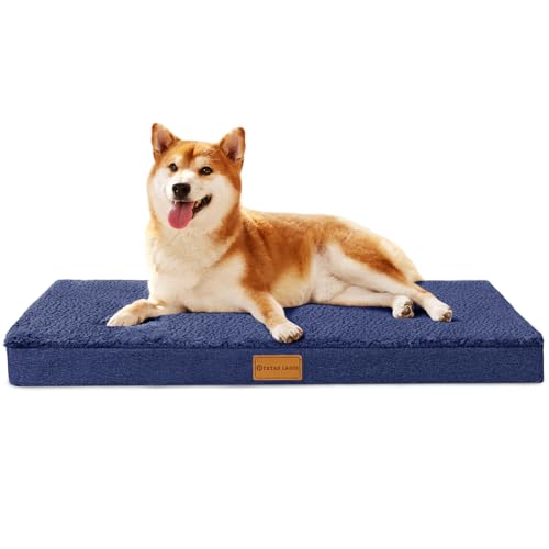 Patas Lague Orthopädisches Hundebett für mittelgroße Hunde, 76,2 x 50,8 cm, Schaumstoff, mittelgroße Hundebetten mit abnehmbarem, waschbarem Bezug, wasserdichte Haustierbettmatte, Marineblau von Patas Lague