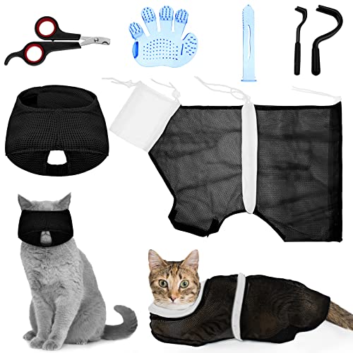 Patelai 5-teiliges Katzen-Badetaschen-Set, Katzenpflegetasche, verstellbare Haustier-Duschnetz-Tasche, Maulkörbe, Nagelknipser, Zeckenentferner, Werkzeug, Massagebürste (Schwarz-Weiß) von Patelai