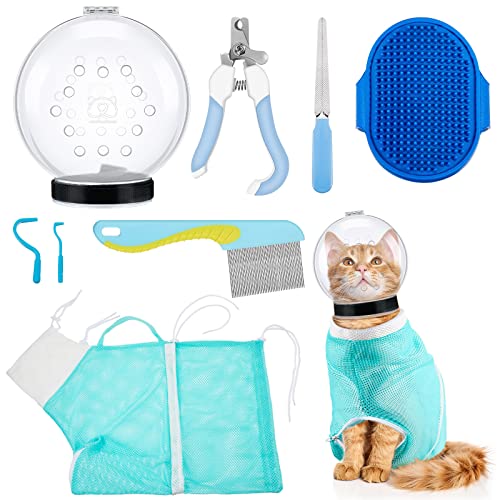 8-teiliges Katzen-Maulkorb-Set mit verstellbarem Katzen-Badetasche, atmungsaktiv, transparent, für Haustierpflege, Zeckenentferner, Werkzeug, Nagelknipser, Trimmen, Fellpflege von Patelai