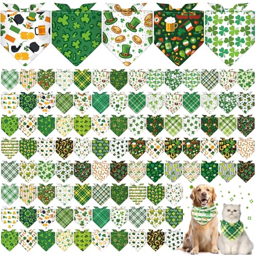 Paterr 100 Stück Hundehalstücher, Großpackung St. Patrick's Day, Haustier-Taschentuch, Kleeblätter, weich, dreieckig, niedliches Halstuch, verstellbar, waschbar, Haustier-Schal, Kostüm-Zubehör für von Paterr