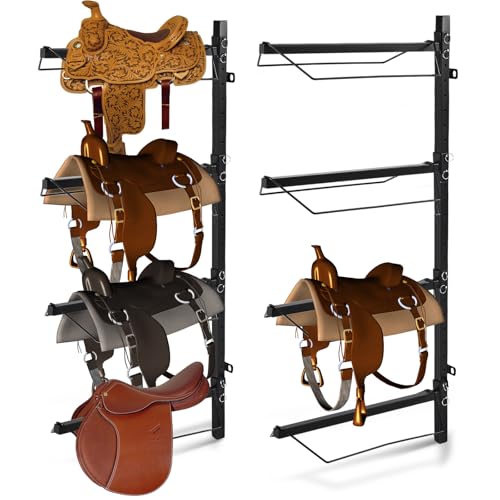 Paterr 2 Pcs 4 Tier Wand Montiert Pferd Sattel Low Carbon Stahl Rack Sattel Lagerung Rack Große Kapazität Sattelständer Sattelhalter für Pferde Tack Pad Zubehör, Schwarz von Paterr