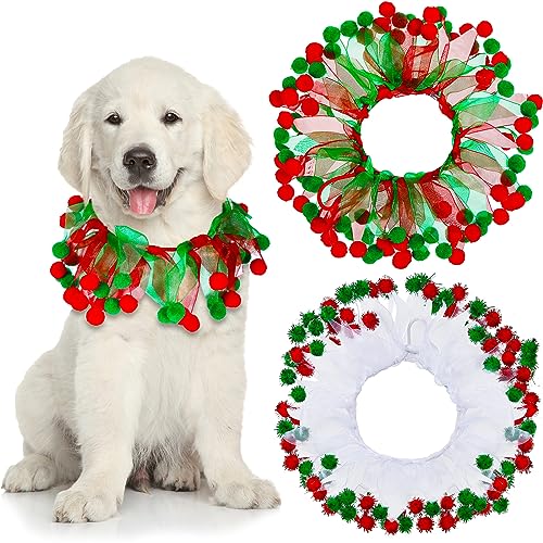 Paterr 2 Stück Weihnachten Haustier Halsband Ornamente Rot Grün Verstellbar Weihnachten Pom Pom Dekorative Hundehalsband für Katze und Hund Urlaub Kleid Kostüm Zubehör, 45,7 cm Halsumfang von Paterr