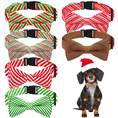 Paterr 6 Stück Weihnachts-Hundehalsband, verstellbar, Weihnachtsstreifen, Halsband für Hunde, Urlaub, Hundehalsbänder mit Fliege, abnehmbare Schnalle, Rot / Grün, Weihnachts-Haustier-Halsbänder für von Paterr