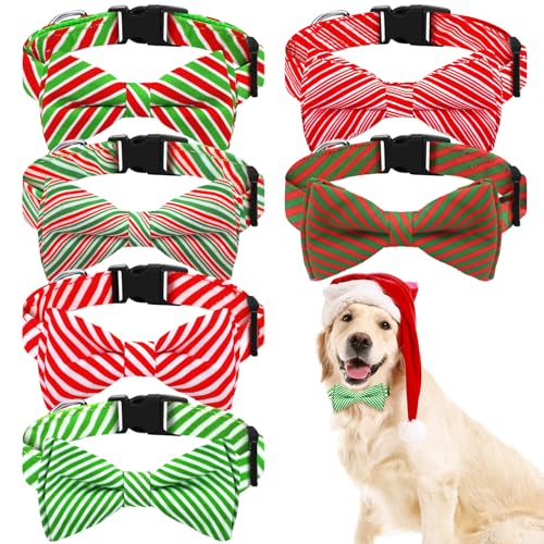 Paterr 6 Stück Weihnachts-Hundehalsband mit Fliege, verstellbar, niedliche Streifen-Fliege, Hundehalsband mit abnehmbarer Schnalle, bequeme Halsbänder für Haustiere, Weihnachten, Urlaub, Party, rot von Paterr