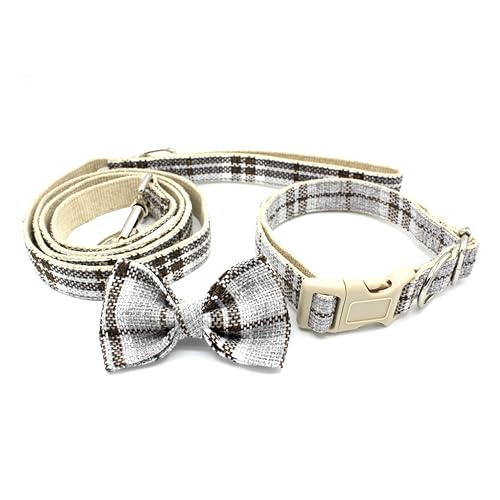 Paulde Hundehalsband & Leine Set mit Fliege, Stilvolles Design für Alltag und Festliche Anlässe, Leicht und Atmungsaktiv (Grau kariert, L (Halsband: 40-60 cm, Leine: 150 cm)) von Paulde