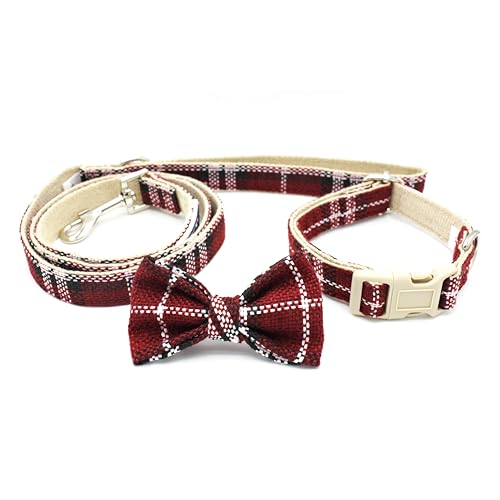 Paulde Hundehalsband & Leine Set mit Fliege, Stilvolles Design für Alltag und Festliche Anlässe, Leicht und Atmungsaktiv (Rot kariert, L (Halsband: 40-60 cm, Leine: 150 cm)) von Paulde