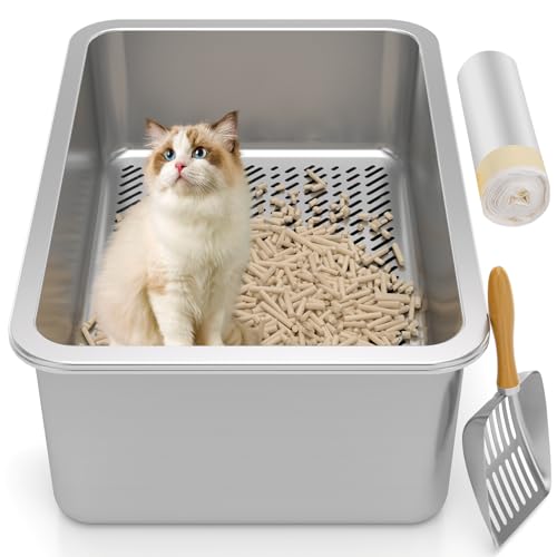 Edelstahl-Sieb-Katzentoilette, Sieb-Katzentoilette für Holzkiefer-Pellets, XL-Sieb-Katzentoilettensystem, Geruchskontrolle, leicht zu reinigen, mit Sieb-Katzentoiletten und Metallschaufel von Paulmele