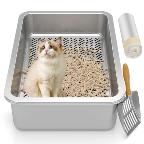 Edelstahl-Sieb-Katzentoilette, Sieb-Katzentoilette für Holzkiefer-Pellets, XL-Sieb-Katzentoilettensystem, Geruchskontrolle, leicht zu reinigen, mit Sieb-Katzentoiletten und Metallschaufel von Paulmele