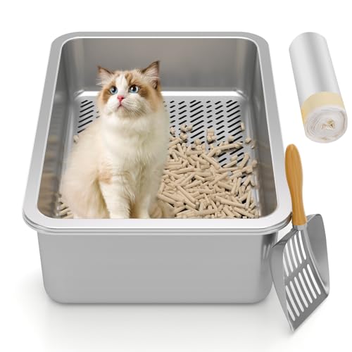 Katzentoilette aus Edelstahl, Sieb-Katzentoilette für Holzkiefer, mittelgroßes Sieb für kleine Kätzchen, Geruchskontrolle, leicht zu reinigen, mit Katzentoiletten und Metallschaufel von Paulmele