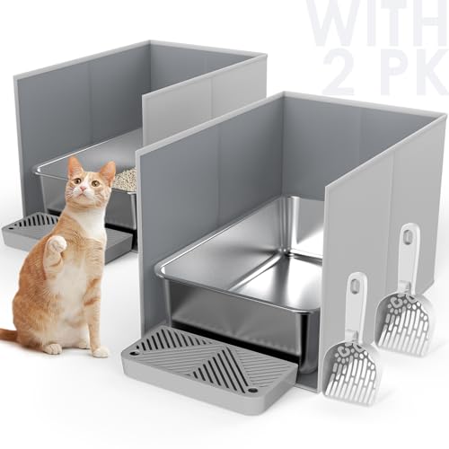 2 Set 59,9 x 39,9 x 15,2 cm Edelstahl Katzentoilette mit Katzentoilette Gehäuse Spritzschutz, Metall Katzentoilette mit All-in-One hochseitigen Katzentoilette, Urinierschutz, abnehmbare Liiter Matte & von Paw Libero