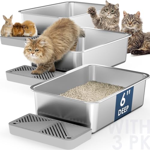 Paw Libero Katzentoilette aus Edelstahl, hohe Seiten, Metall-Katzentoilette für mehrere Katzen, leicht zu reinigen und geruchskontrollierend, mit Fußteil, Hasentoilette, Katzentoilette, 3 Stück von Paw Libero